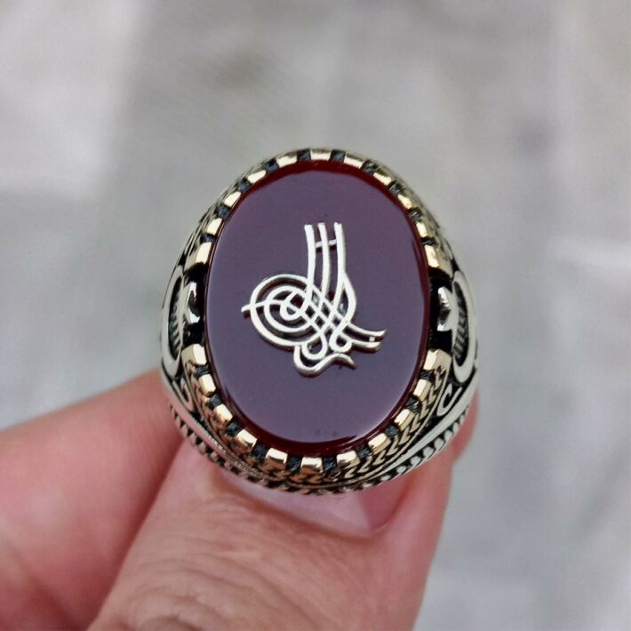 Akik Taşlı Osmanlı Tuğra Ay Yıldız Gümüş Erkek Yüzük