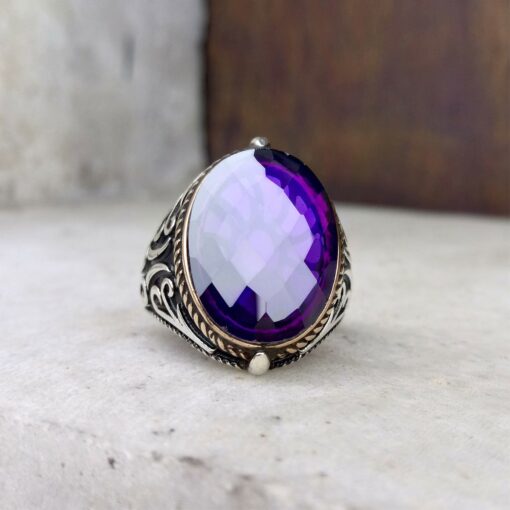 Motifli Faset Ametist Taşlı Gümüş Erkek Yüzük Hediyelik