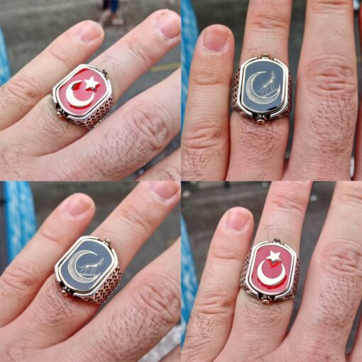 Gümüş Mineli Ay Yıldız-Bozkurt Çift Taraflı Desenli Erkek Yüzük