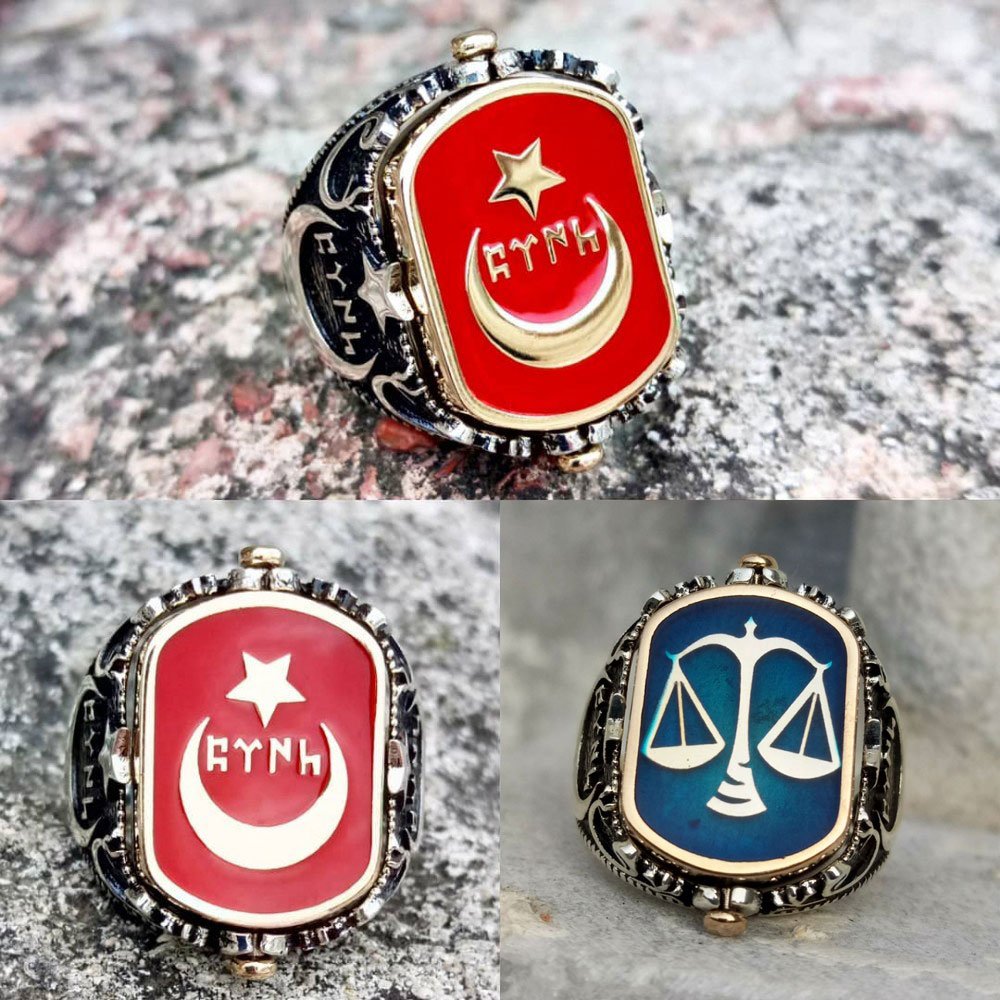 Gümüş Ay Yıldız ve Adalet Terazili Göktürkçe Yazılı Erkek Yüzük