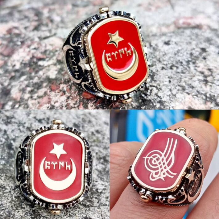 Gümüş Ay Yıldız ve Osmanlı Tuğralı Göktürkçe Yazılı Erkek Yüzük
