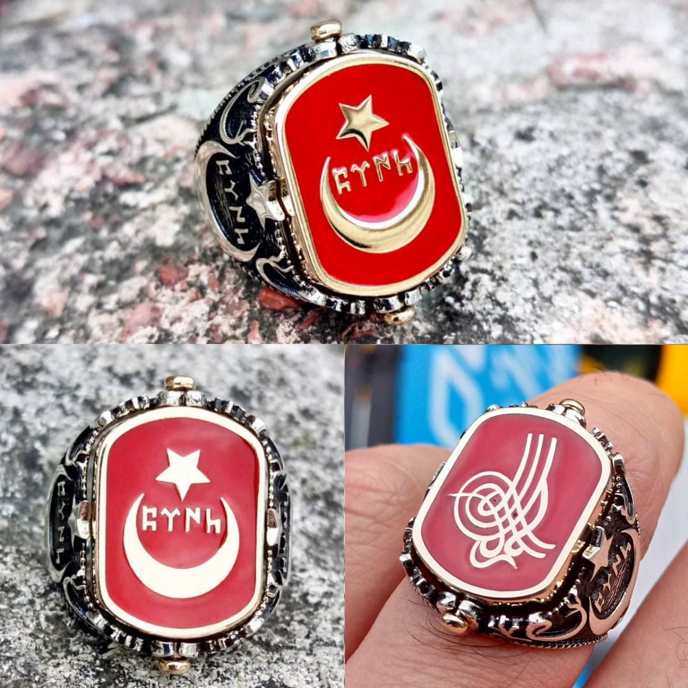 Gümüş Ay Yıldız ve Osmanlı Tuğralı Göktürkçe Yazılı Erkek Yüzük