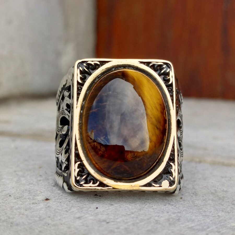 925 Ayar Gümüş Kaplan Gözü Taşlı Erkek Yüzük