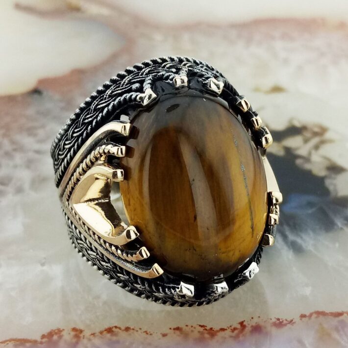 925 Ayar Gümüş Kaplan Gözü Taşlı Kartal Erkek Yüzük