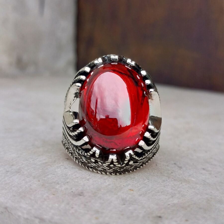 925 Ayar Gümüş Kırmızı Zirkon Taşlı Erkek Yüzük