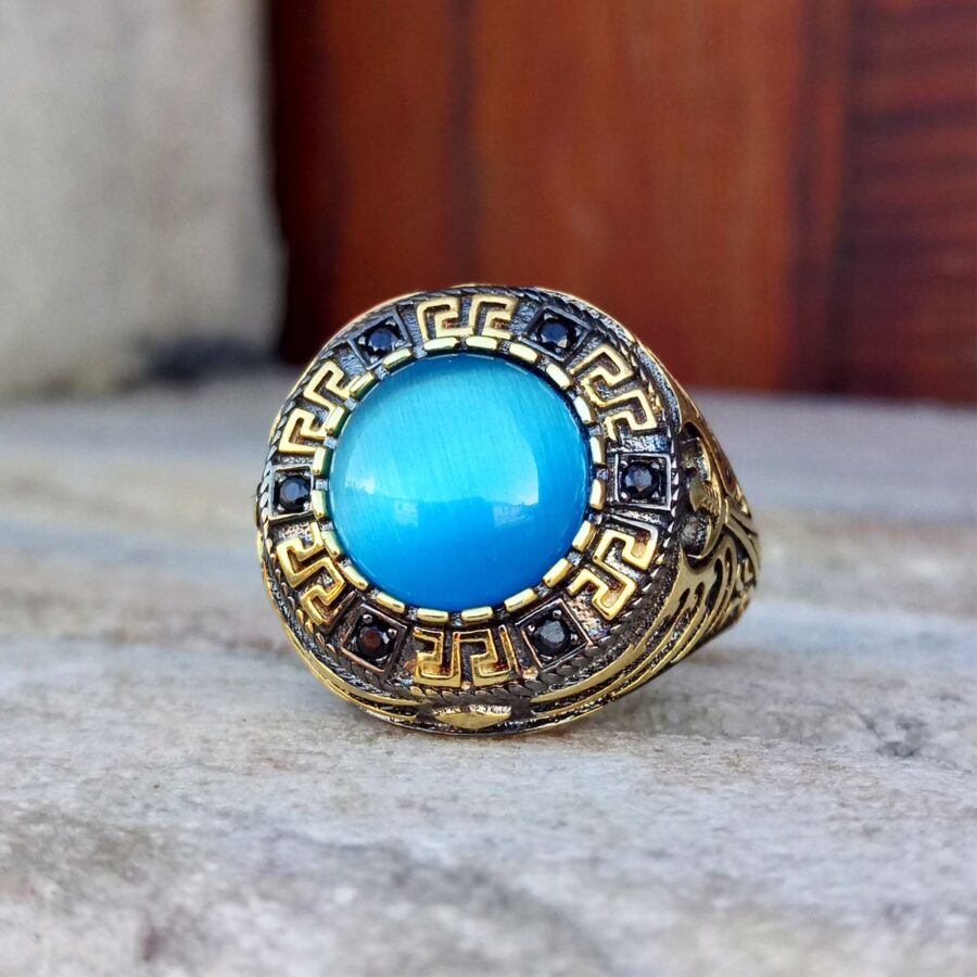 Mavi Kedi Gözü ve Mikro Taşlı Motifli Gümüş Erkek Yüzük