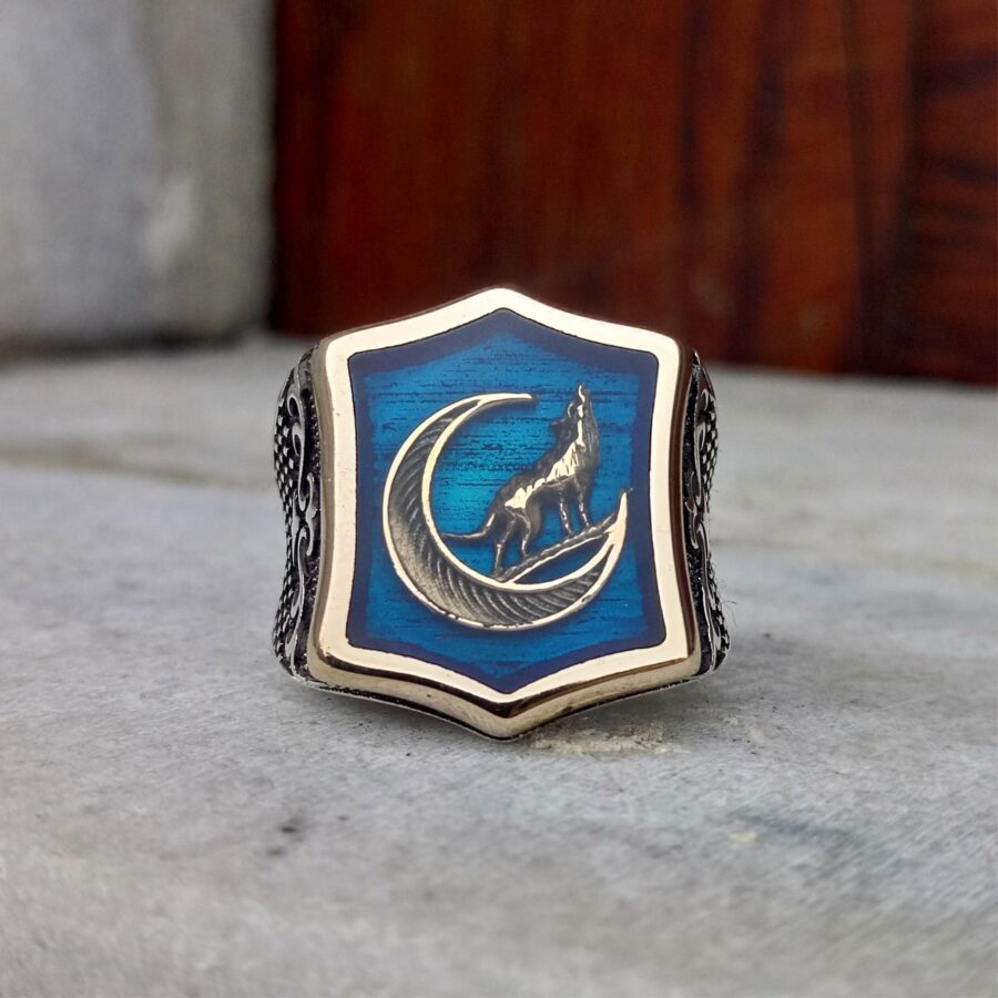 Bozkurt Mavi Mineli Motifli Bayrama Özel Erkek Gümüş Yüzük