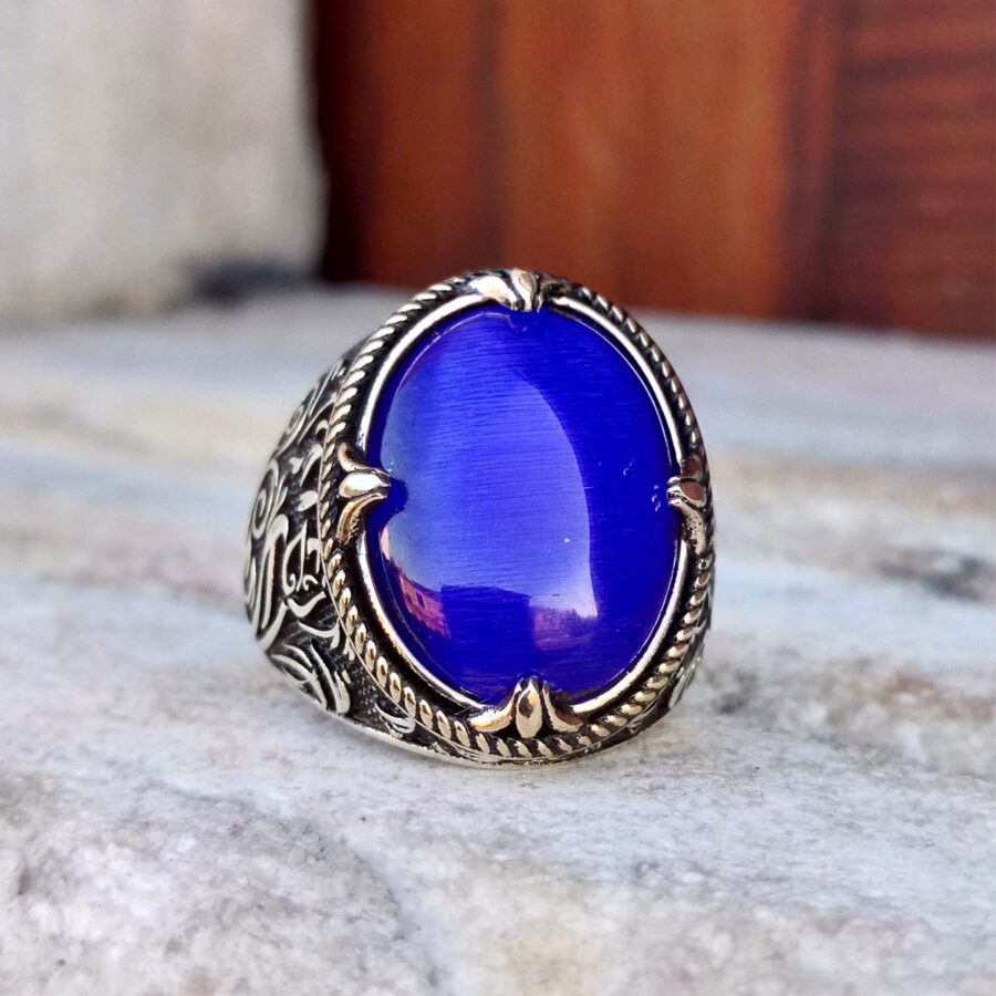 925 Ayar Gümüş Mavi Taşlı Lale Motifli Erkek Yüzük