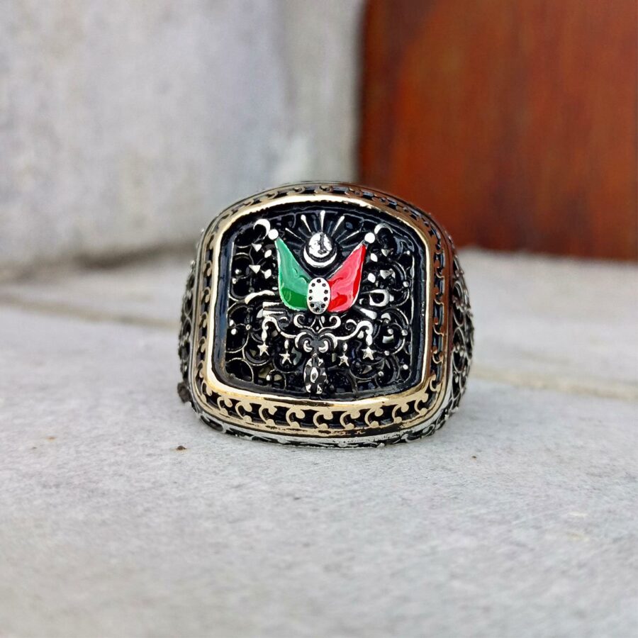 Gümüş Osmanlı Armalı Telkari İşlemeli Erkek Yüzük 925 Ayar