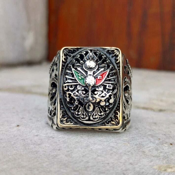 Gümüş Kabartma Osmanlı Armalı Telkari İşlemeli Erkek Yüzük
