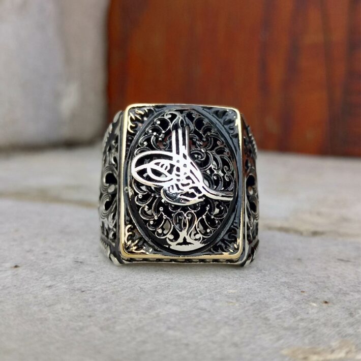 Gümüş Kabartma Osmanlı Tuğralı Telkari İşlemeli Erkek Yüzük