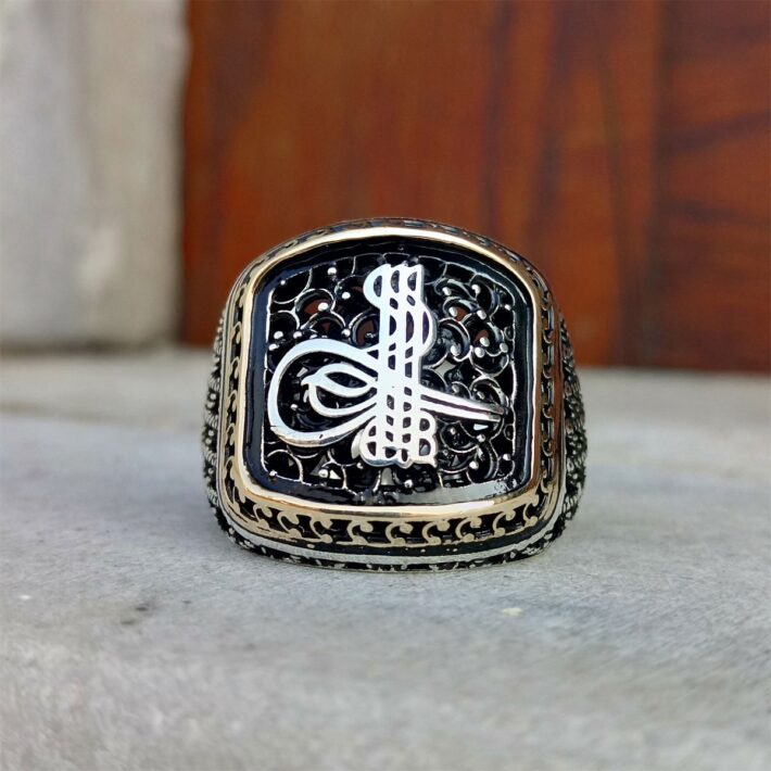 Gümüş Osmanlı Tuğralı Telkari İşlemeli Desenli Erkek Yüzük