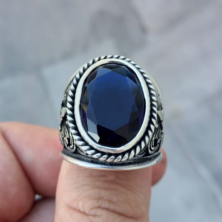 925 Ayar Gümüş Lacivert Yaprak Motif İşlemeli Erkek Yüzük