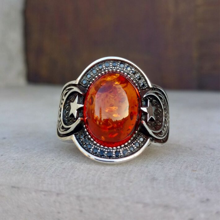 Sıkma Kehribar Ay Yıldız İşlemeli Gümüş Erkek Yüzük