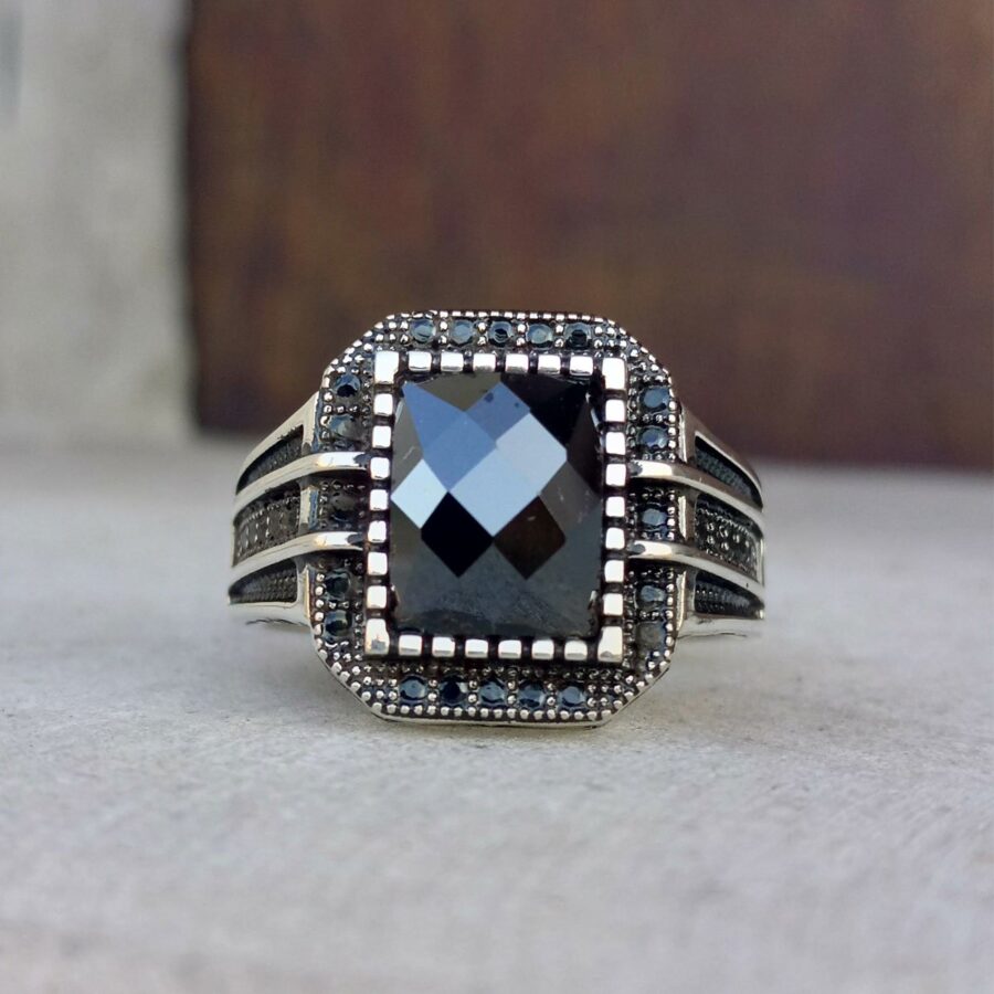 925 Ayar Gümüş Siyah Mikro Taşlı Erkek Yüzük