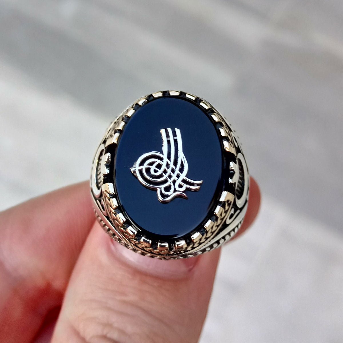 Mavi Taşlı Osmanlı Tuğra Ay Yıldız Gümüş Erkek Yüzük