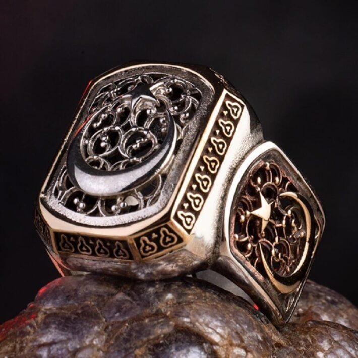 Telkari Ay Yıldız Motifli Ay Yıldız Gümüş Erkek Yüzük Hediyelik