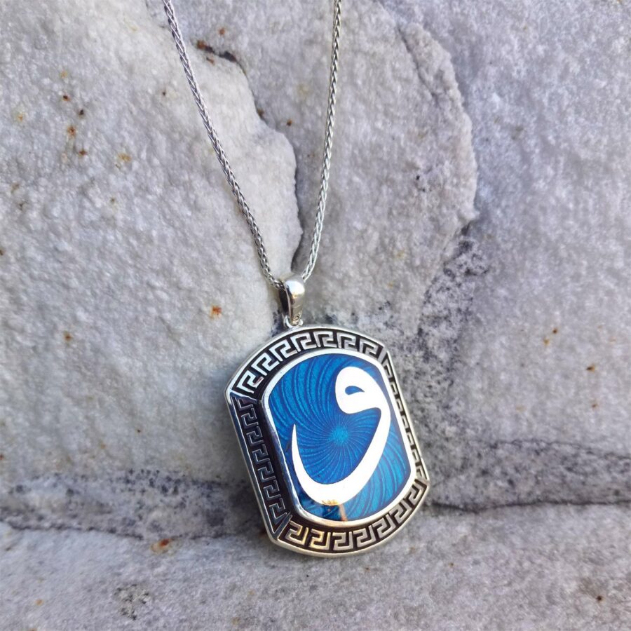 Mavi Mineli Vav Gümüş Erkek Kolye ve 55 cm Gümüş Zincir