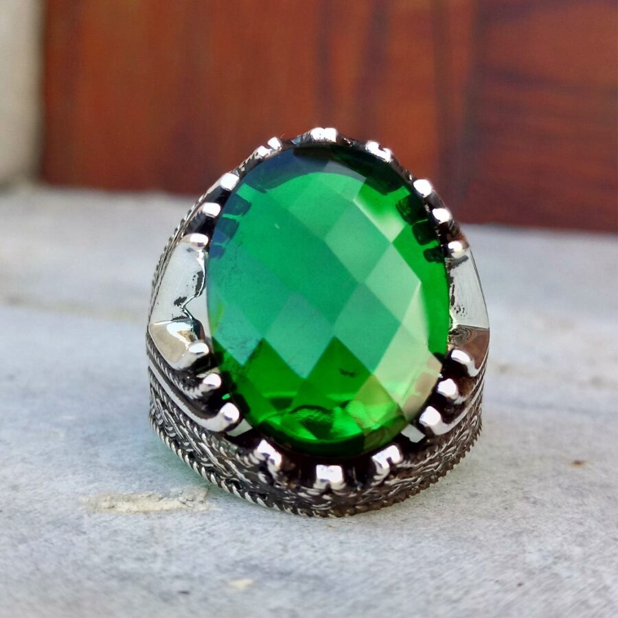 925 Ayar Gümüş Yeşil Taşlı Erkek Yüzük