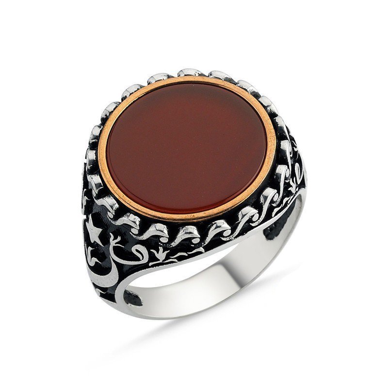 Akik Taşlı Ay Yıldız İşlemeli Gümüş Erkek Yüzük