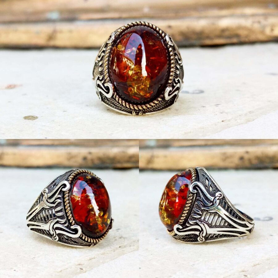 Ateş Kehribar Kırmızı Faset Taşlı Kılıç Motifli Gümüş Erkek Yüzük