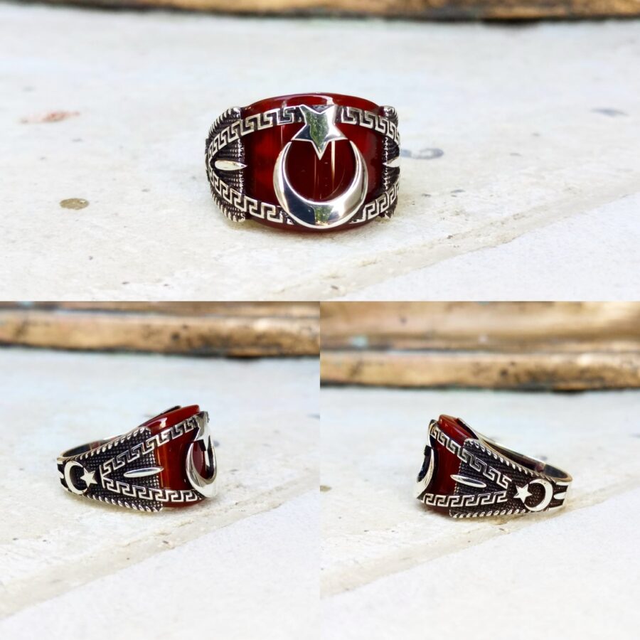 Akik Taşlı Ay Yıldız ve İşlemeli Gümüş Erkek Yüzük