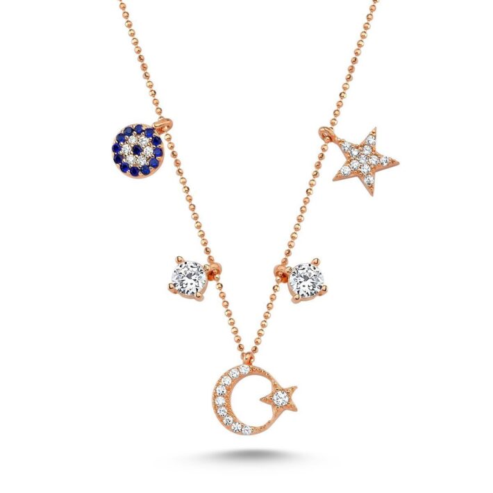 Ay Yıldız Figürlü Taşlı Bayrama Özel Gümüş Kadın Şans Kolyesi