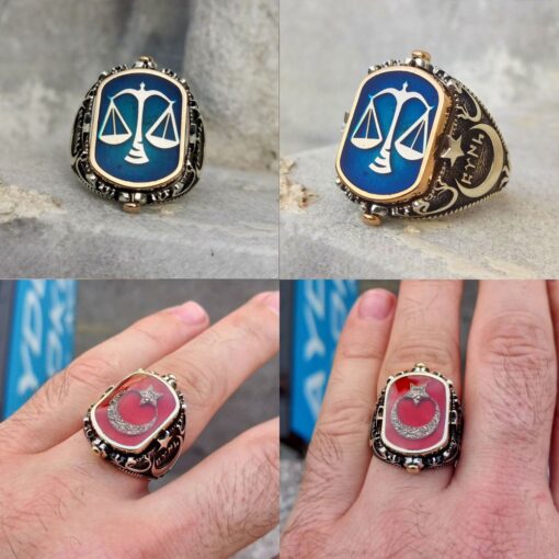 Ay Yıldız ve Adalet Terazisi Çift Taraflı Erkek Yüzük