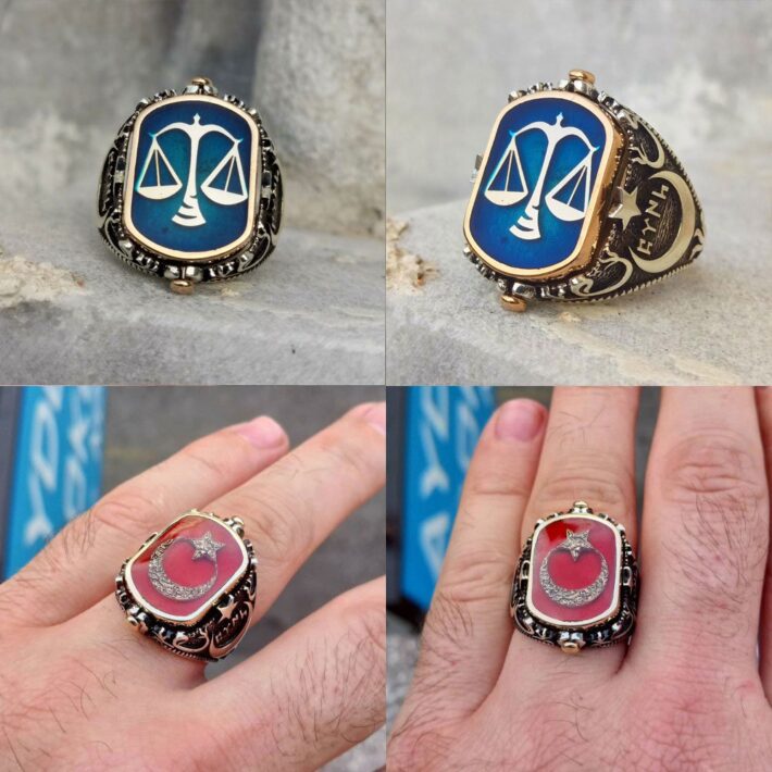 Ay Yıldız ve Adalet Terazisi Çift Taraflı Erkek Yüzük