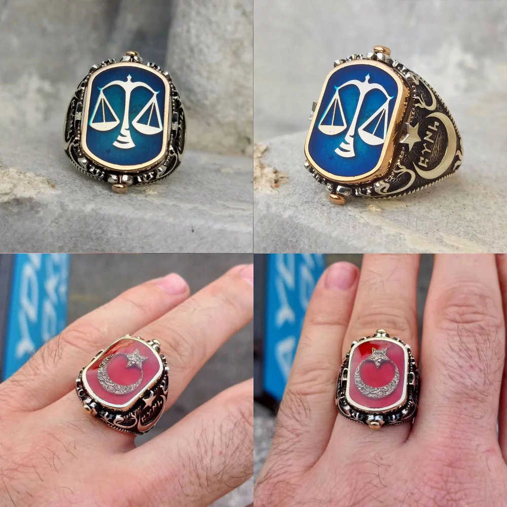 Ay Yıldız ve Adalet Terazisi Çift Taraflı Erkek Yüzük
