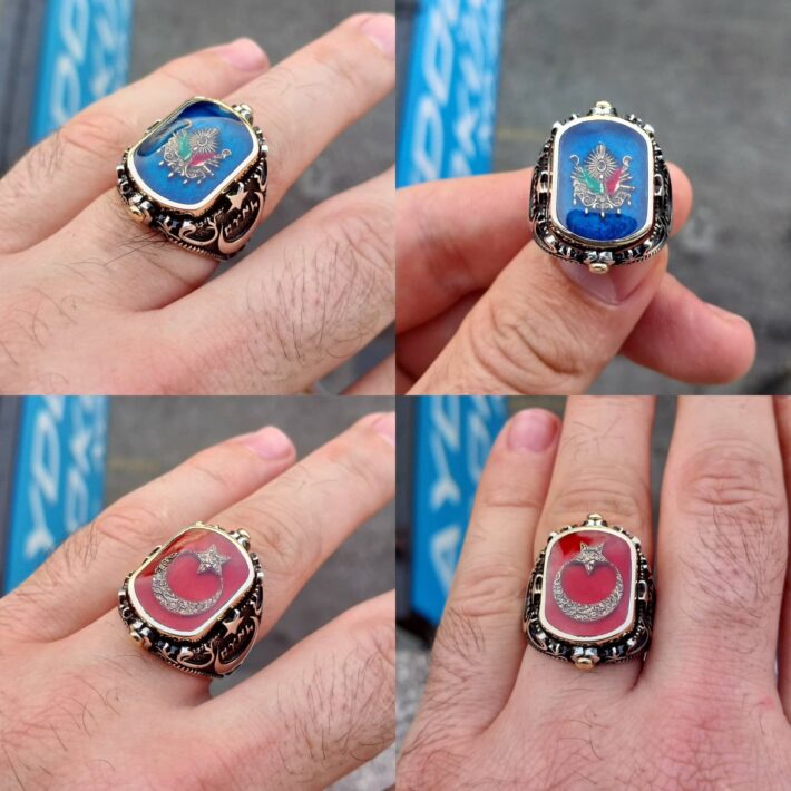 Gümüş Ay Yıldızlı ve Osmanlı Armalı Çift Taraflı Erkek Yüzük