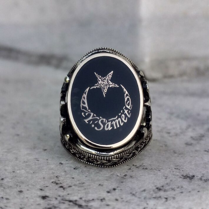 Elif Vav Motif İki Yanı Ay Yıldız İsimli Gümüş Erkek Yüzük