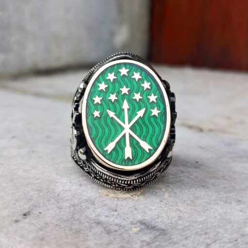 Mineli Elif Vav Motif İki Yanı Çerkez Bayrağı Gümüş Erkek Yüzük