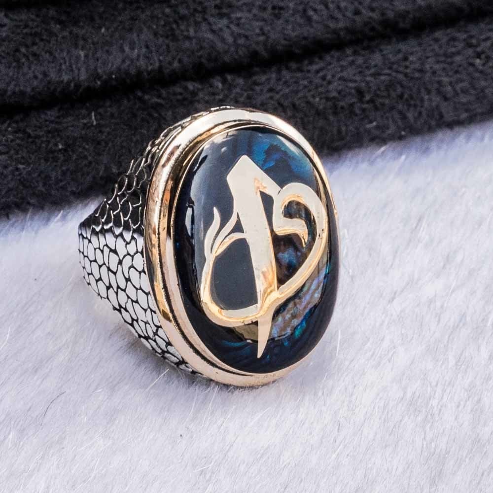 Mavi Mineli Duvar Desenli Elif Vav Gümüş Erkek Yüzük Yaza Özel