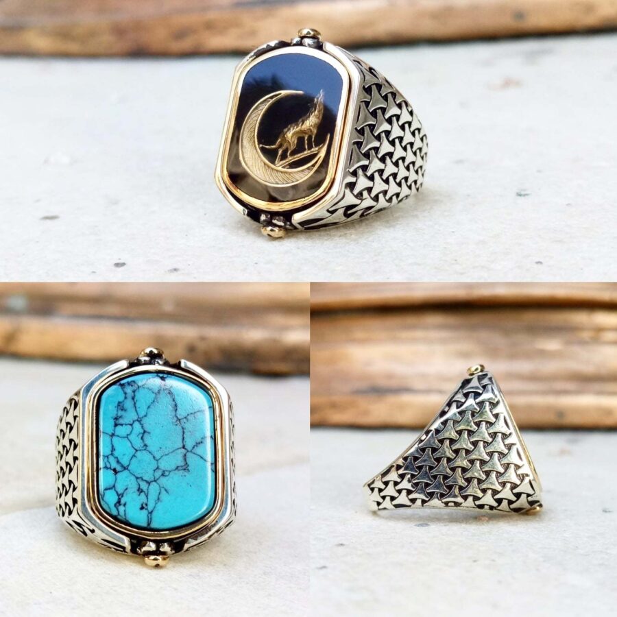 Firuze taşlı bozkurt erkek gümüş yüzük