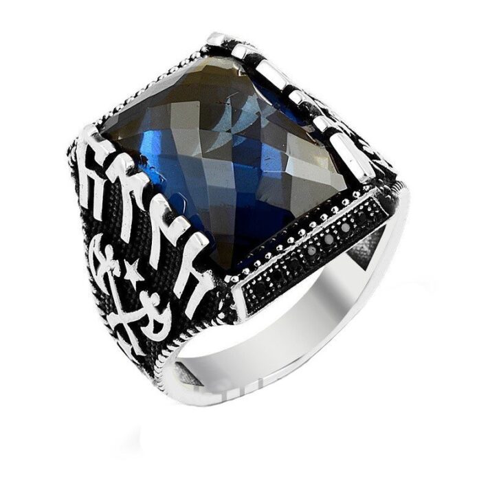 Mavi Taşlı Göktürkçe Türk Yazılı Gümüş Erkek Yüzük