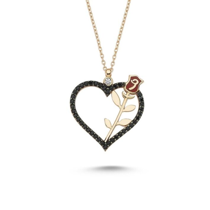 Gül Motifli Kalpli Gümüş Kolye