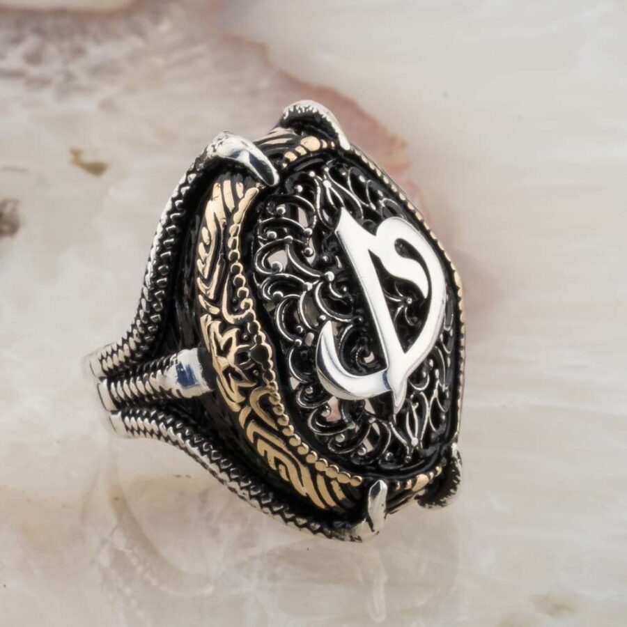 Telkari İşlemeli Kartal Pençesi Elif Vav Gümüş Erkek Yüzük