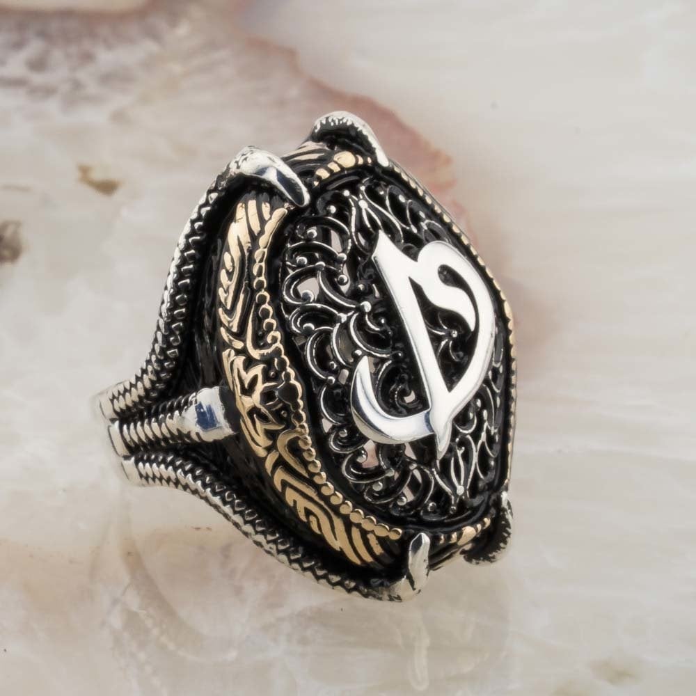 Telkari İşlemeli Kartal Pençesi Elif Vav Gümüş Erkek Yüzük