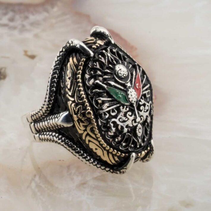 Telkari İşlemeli Kartal Pençesi Osmanlı Armalı Gümüş Erkek Yüzük