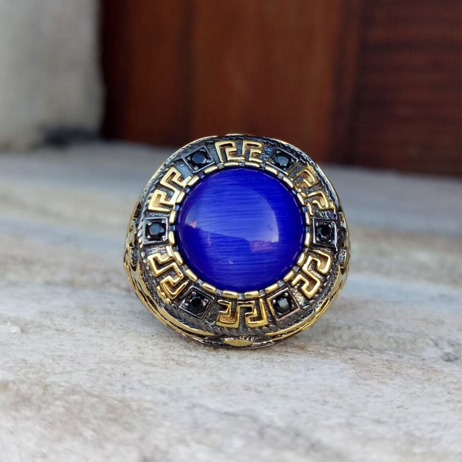 Koyu Mavi Kedi Gözü Taşlı Kılıç Motifli Erkek Yüzük