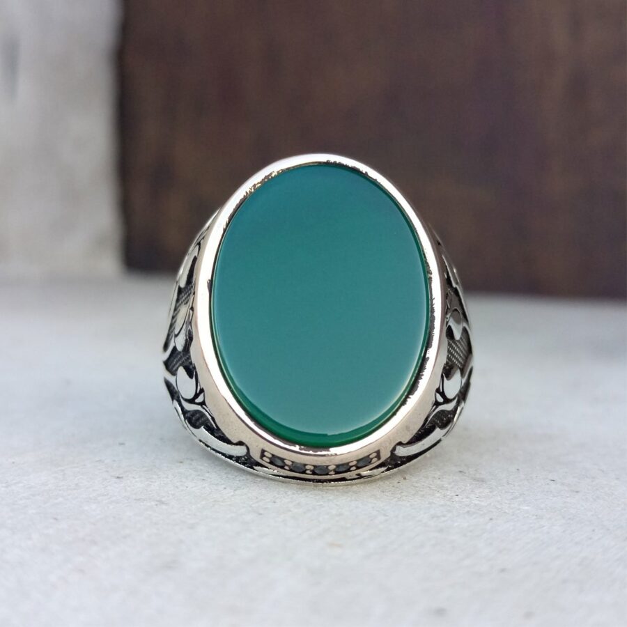 Lale Motifli Yeşil Taşlı Erkek Gümüş Yüzük