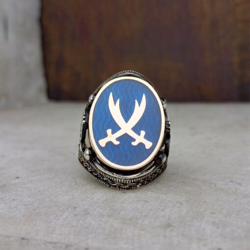 Mavi Mineli Hz. Ali Kılıcı Zülfikar İşlemeli Erkek Yüzük