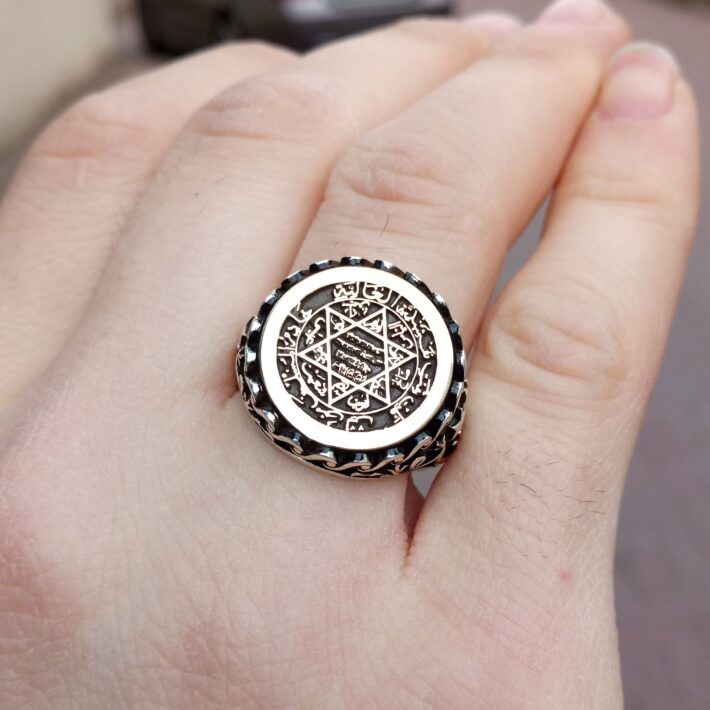 Ay Yıldız İşlemeli Süleyman Mührü Gümüş Erkek Yüzük Hediyelik