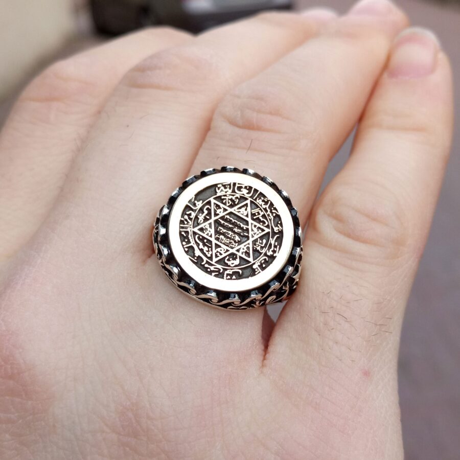 Ay Yıldız İşlemeli Süleyman Mührü Gümüş Erkek Yüzük Hediyelik