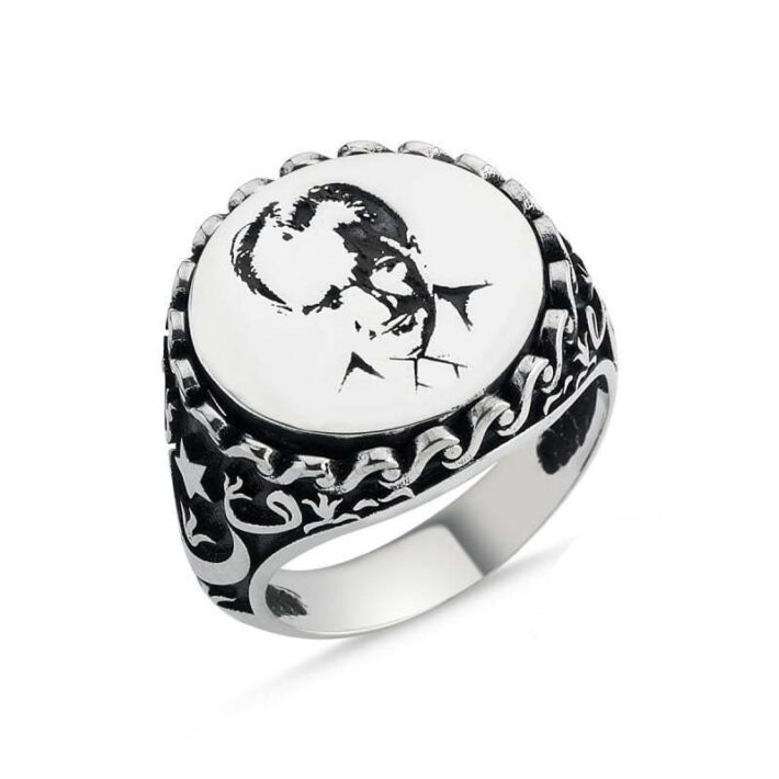 Mustafa Kemal Atatürk Ay Yıldız Motif Gümüş Erkek Yüzük Hediyelik