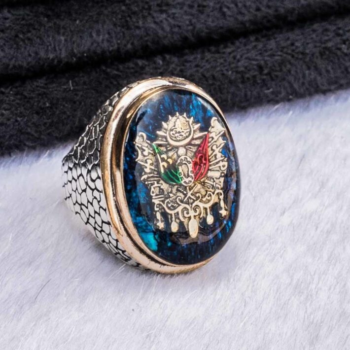 Gümüş Mavi Mineli Osmanlı Armalı Duvar Desenli Erkek Yüzük