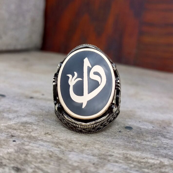 Osmanlı Tuğrası İşlemeli Siyah Mineli Elif Vav Erkek Yüzük