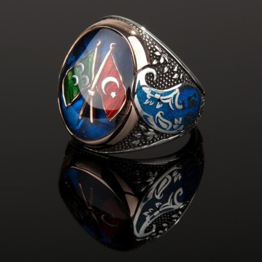 Ay Yıldız-Sancak Mavi Mineli Bayrama Özel Gümüş Erkek Yüzük