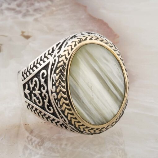 Sedef Taşlı Motifli Gümüş Erkek Yüzük Hediyelik